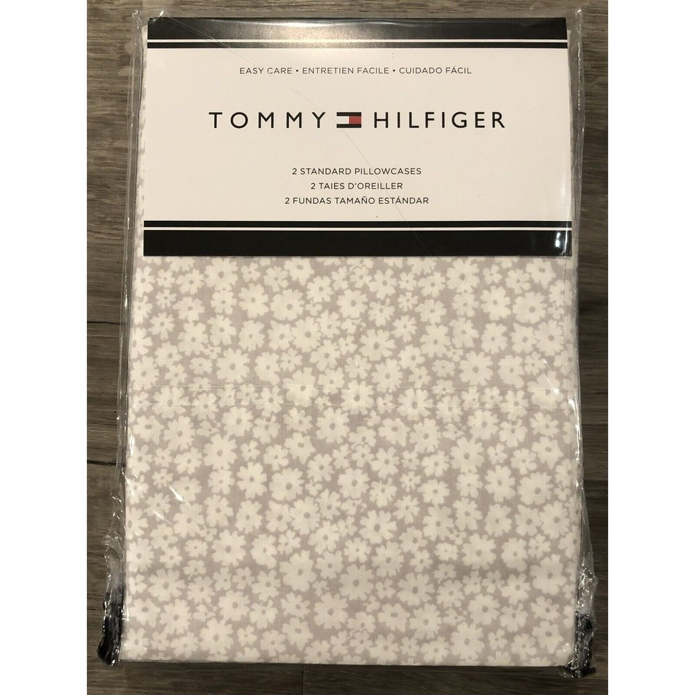 COPY - NEW Tommy Hilfiger 2 Standard Pillowcases Gray W/ Tiny White Flowers 20x…